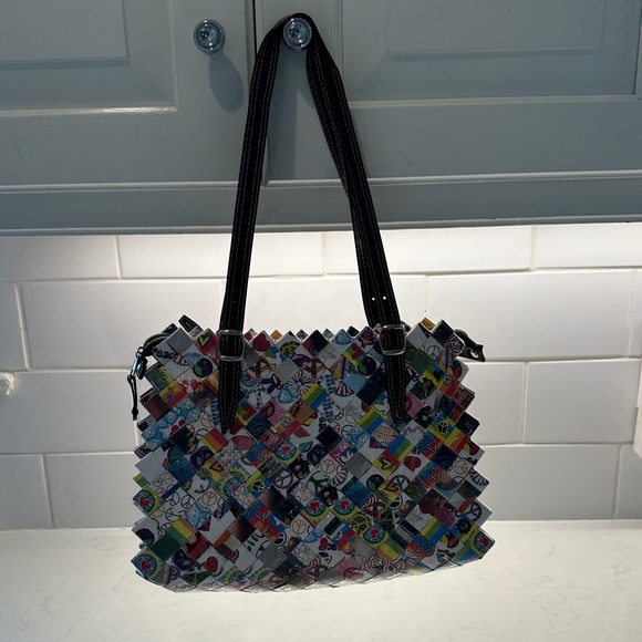 Nahui Ollin Colorful candy wrapper Woven Tote with Brown Handles - Picture 5 of 13